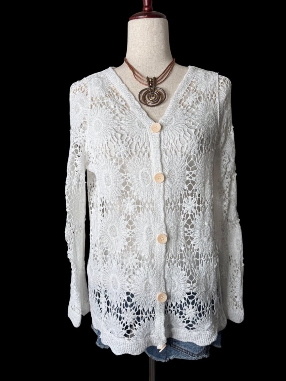 Lg Crochet Floral lace patchwork Tunic Top cardigan Button Up Fairygrunge Boho
